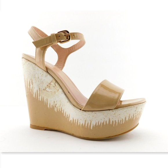 STUART WEITZMAN Beige Nude Patent Leather Cork Wedge Heel Sling Sandals 7.5 - Picture 1 of 8